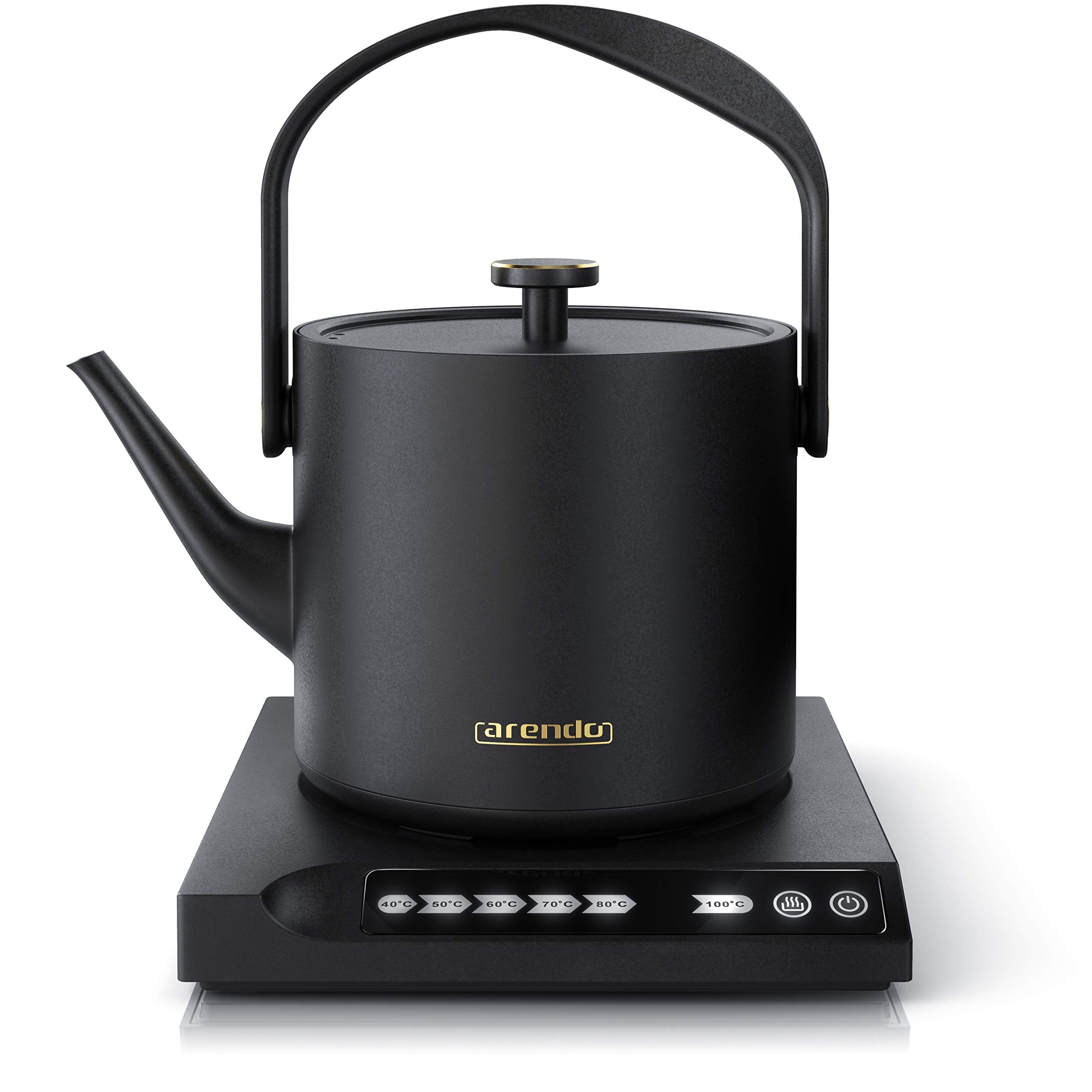 Arendo - Edelstahl Wasserkocher mit Temperatureinstellung - 40° bis 100° - Warmhaltefunktion 30 Minuten – 0,5 Liter – Sensortasten – 360° Basis – Retro Design - Schwarz