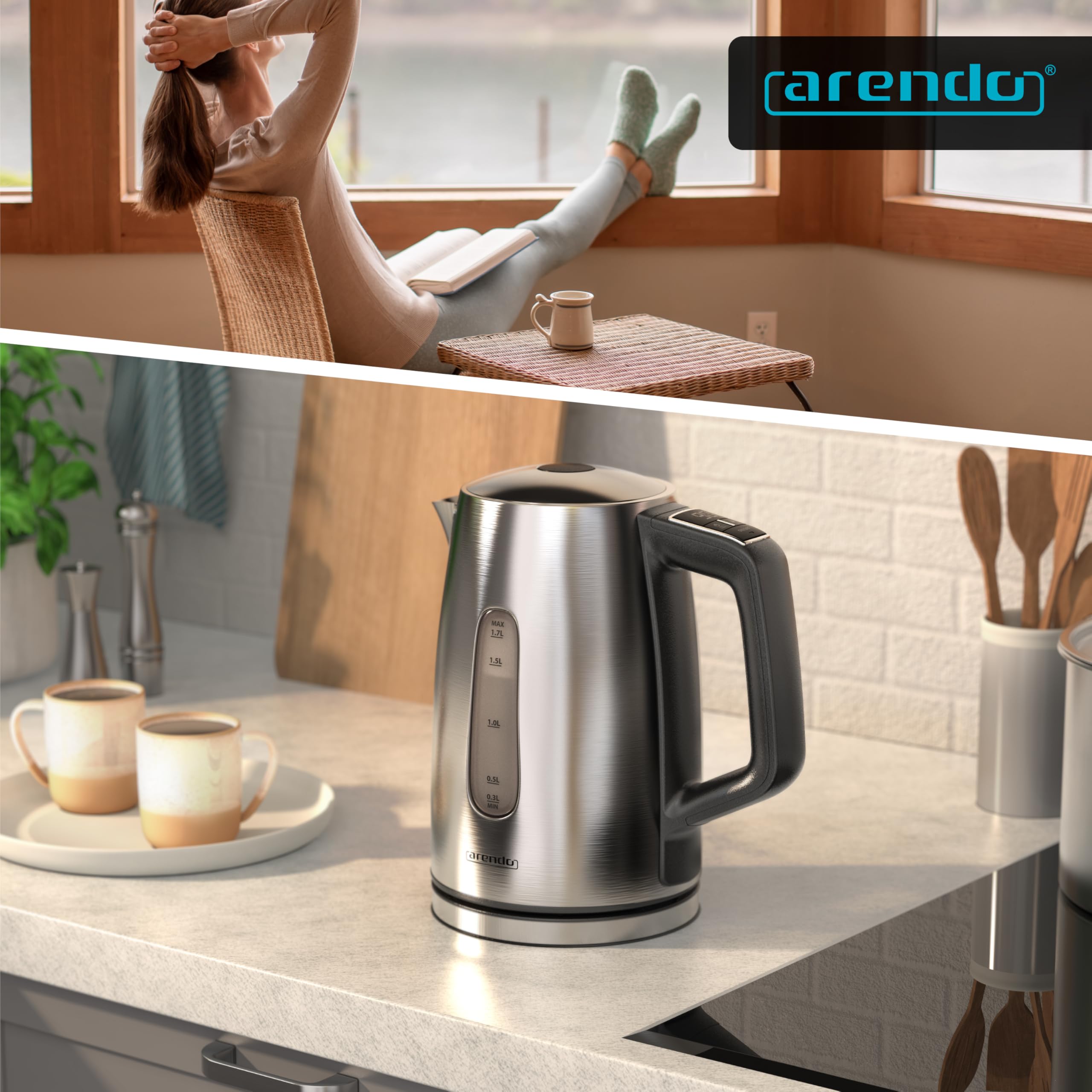 Arendo - Edelstahl Wasserkocher mit Temperatureinstellung - Temperaturauswahl 35°C bis 100°C – LED Display – Warmhaltefunktion Babymilch 40 Grad – One-Touch Deckelöffnung – Sichtfenster