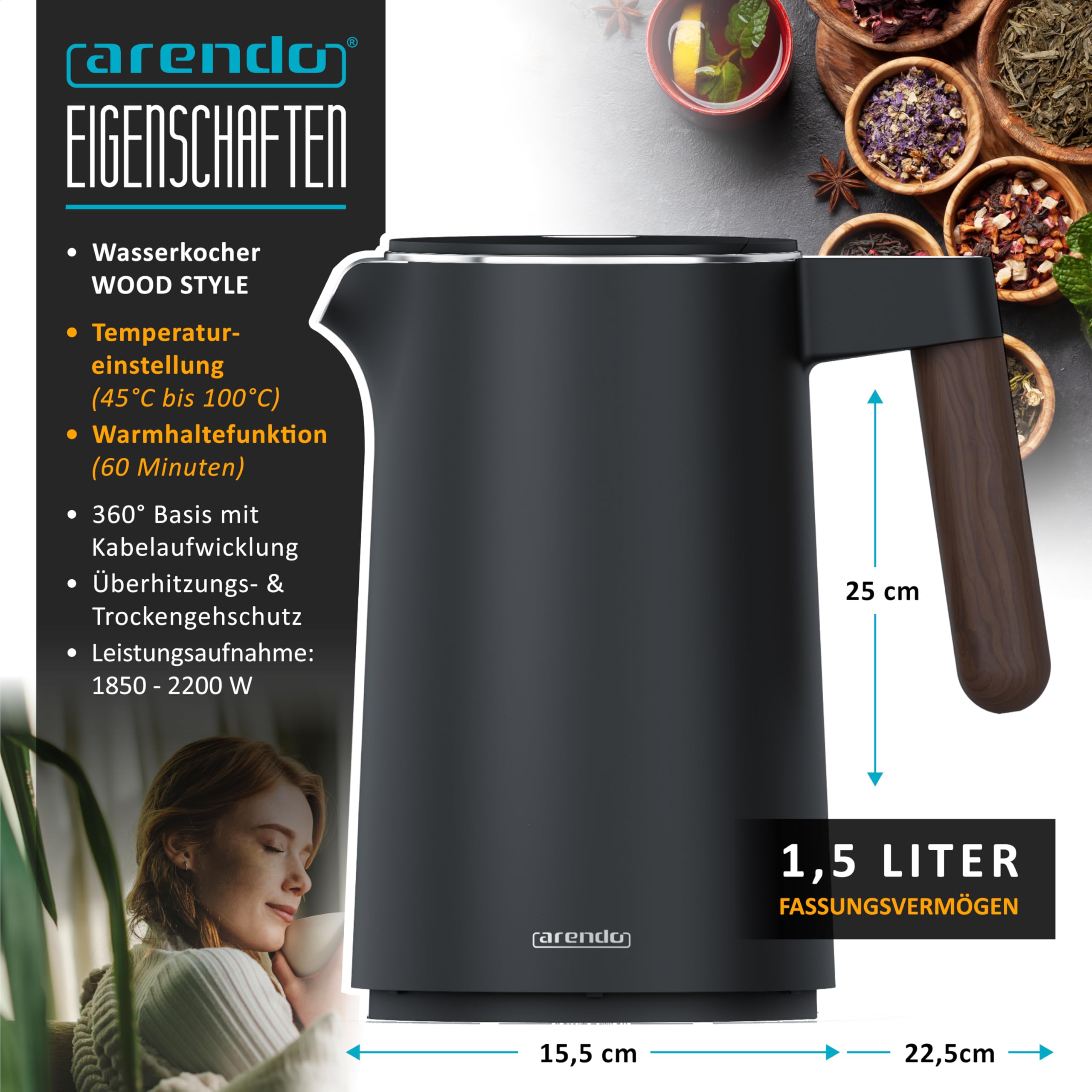 Arendo - Wasserkocher Edelstahl mit Temperatureinstellung - 45°C-100°C - 1.5 Liter - Doppelwand - BPA frei - Warmhaltefunktion - Teekocher mit Temperaturanzeige - Griff Cool Touch - Schwarz