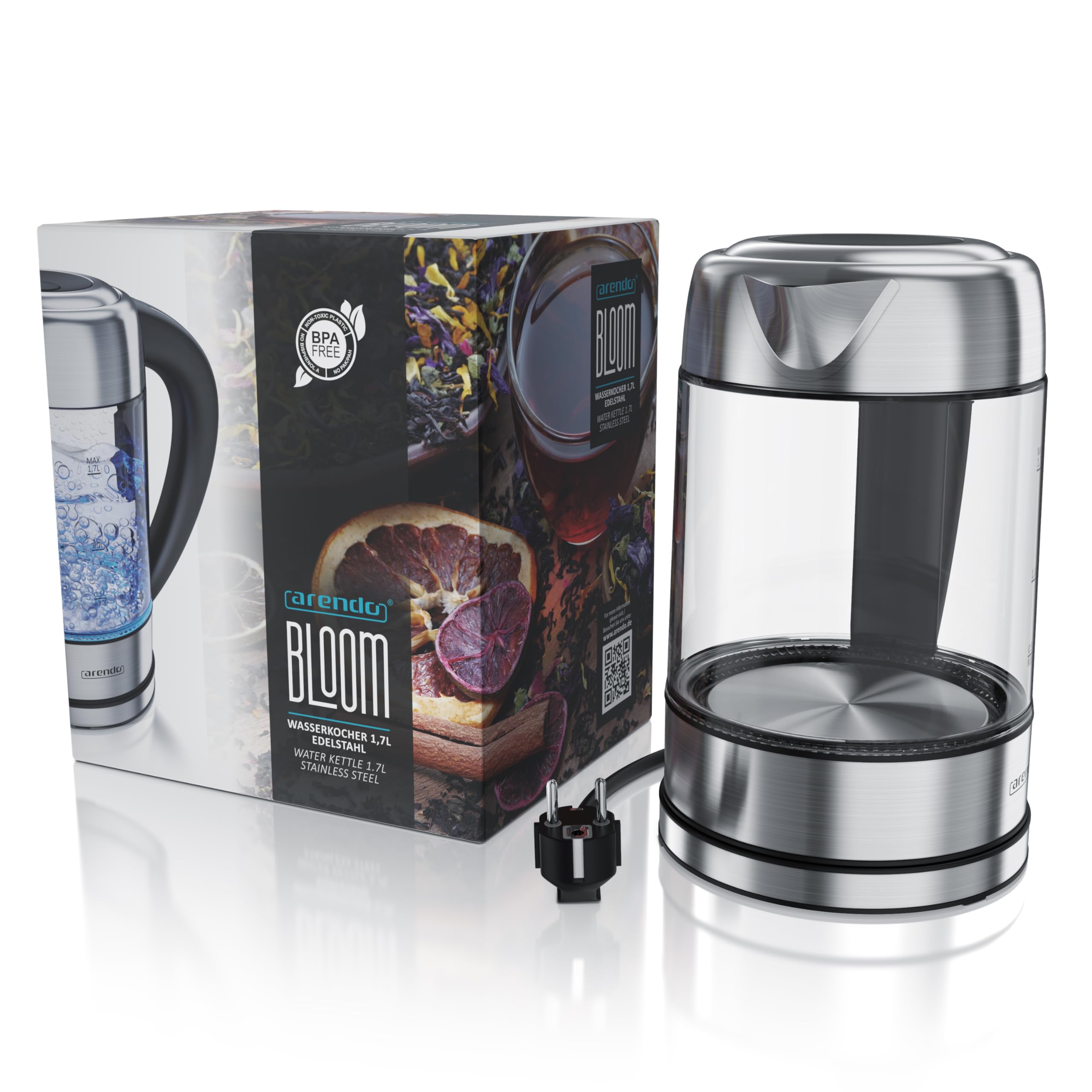 Arendo - Wasserkocher Glas mit Temperatureinstellung – 1,7l - einstellbare Temperaturen 40° - 100 °C – Temperaturanzeige Digital - Warmhaltefunktion – energiesparend – BPA-frei - RGB Beleuchtung