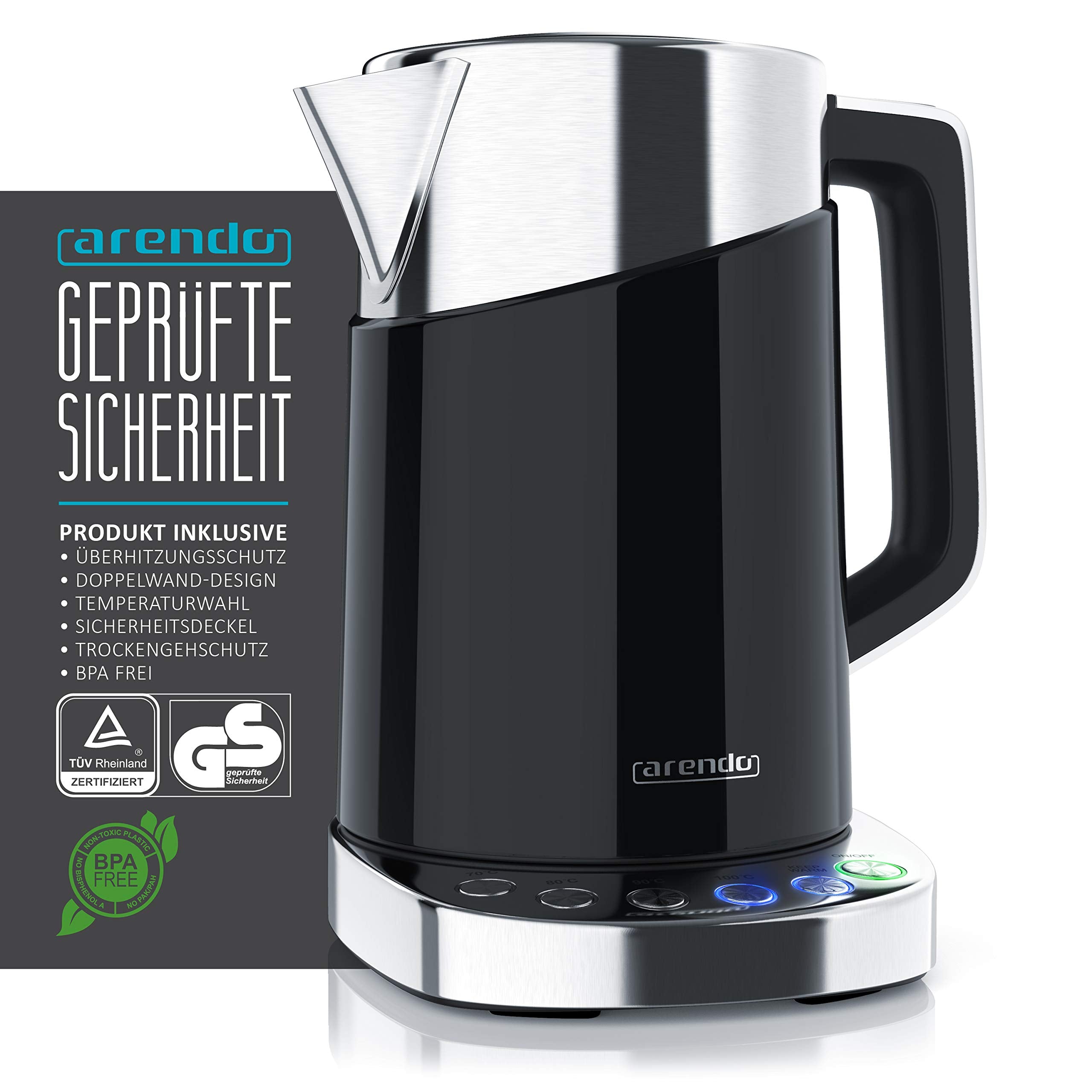 Arendo - Turbo Edelstahl Wasserkocher mit Temperatureinstellung 3000 Watt - Digitale Basisstation - 4 wählbare Temperaturstufen inkl. Warmhaltefunktion - 3000W Schnellkoch Teekocher