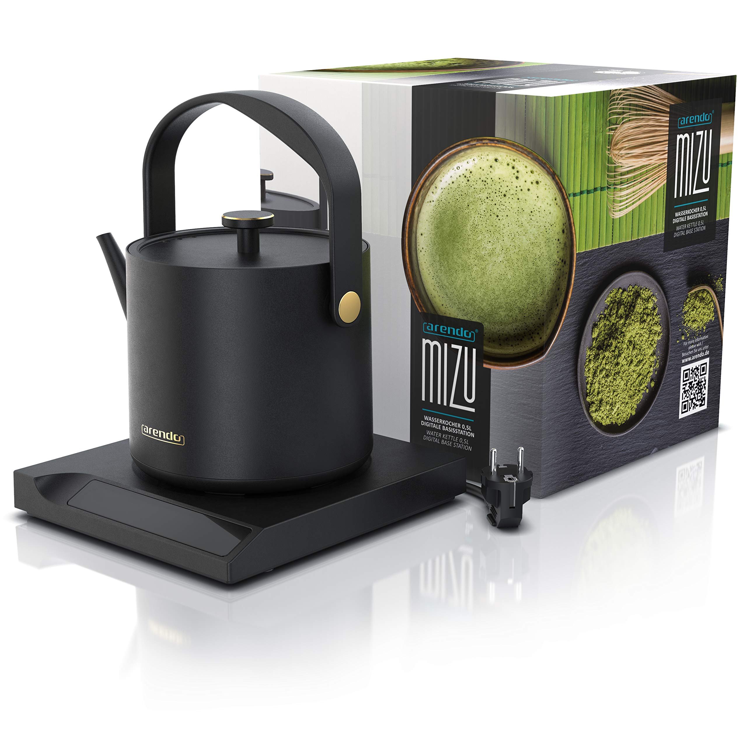 Arendo - Edelstahl Wasserkocher mit Temperatureinstellung - 40° bis 100° - Warmhaltefunktion 30 Minuten – 0,5 Liter – Sensortasten – 360° Basis – Retro Design - Schwarz