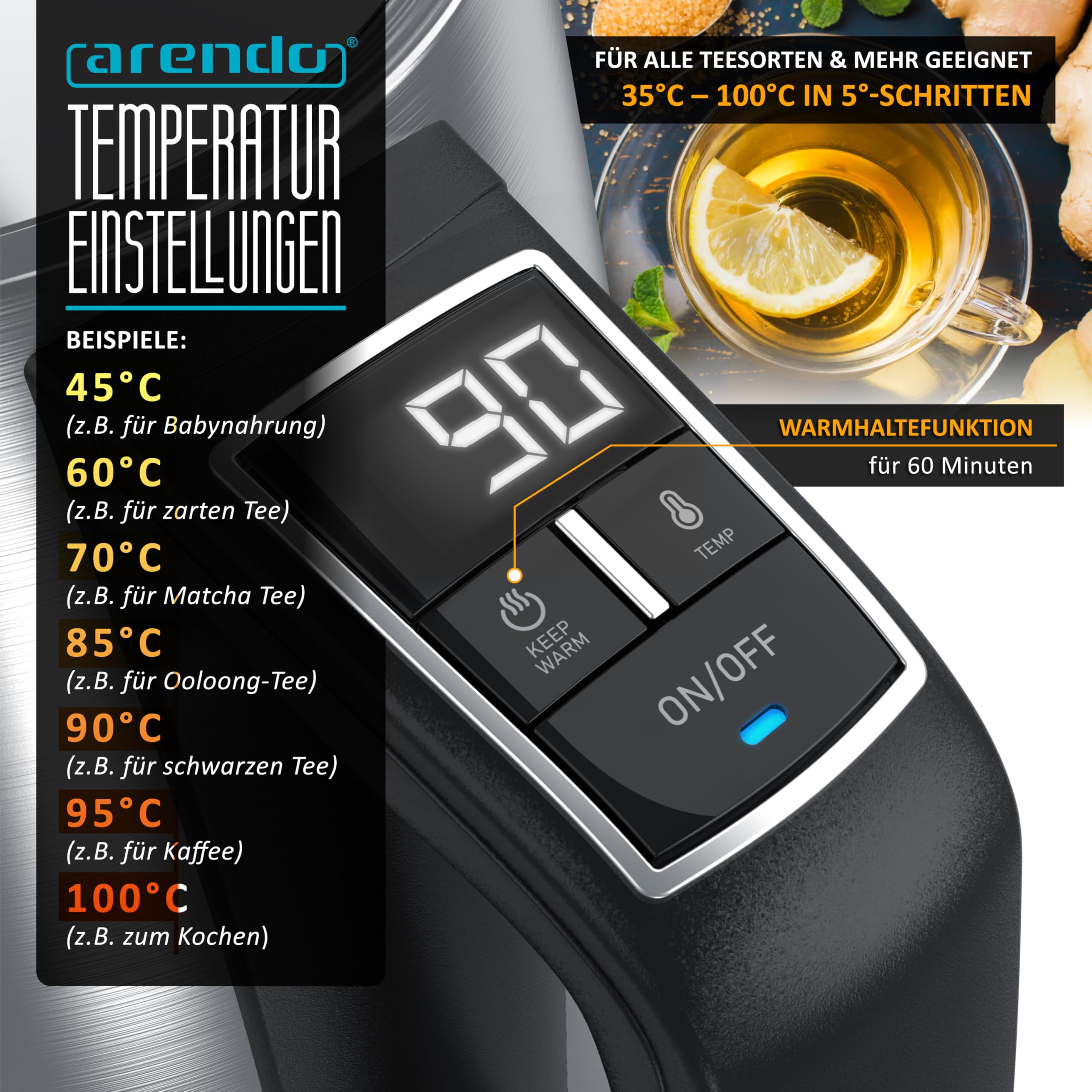 Arendo - Wasserkocher mit Temperatureinstellung - Edelstahl - Temperaturauswahl 35°C bis 100°C – LED Display – Warmhaltefunktion – One-Touch Deckelöffnung – Sichtfenster für Wasserskala