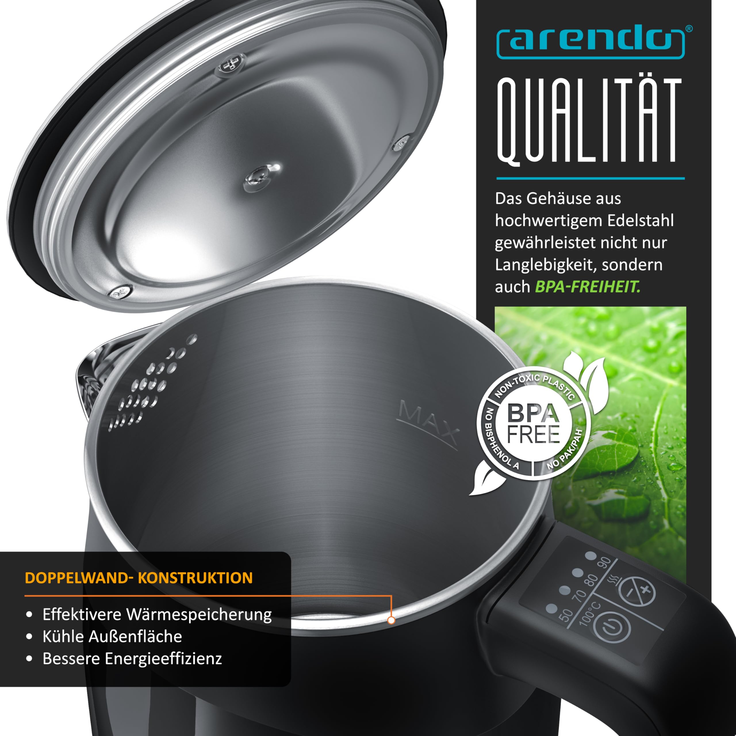 Arendo 0.5l Edelstahl Wasserkocher mit Temperatureinstellung im Doppelwand-Design - 0,5l Wasser-Füllmenge - 5 Temperaturstufen einstellbar - Single Teekocher - Warmhaltefunktion - Energiesparend