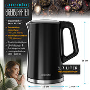 Arendo - digitaler Wasserkocher mit Temperatureinstellung - Edelstahl - Doppelwand Design Cool Touch - Display im Gehäuse - Kabellos - 2200 W - 1,7L – Überhitzungsschutz – Warmhaltefunktion – schwarz