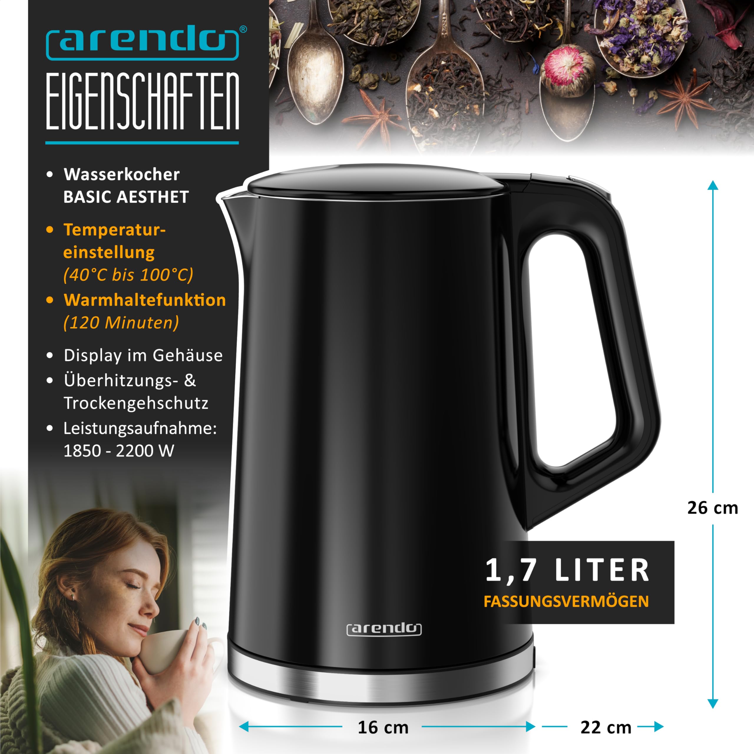 Arendo - digitaler Wasserkocher mit Temperatureinstellung - Edelstahl - Doppelwand Design Cool Touch - Display im Gehäuse - Kabellos - 2200 W - 1,7L – Überhitzungsschutz – Warmhaltefunktion – schwarz