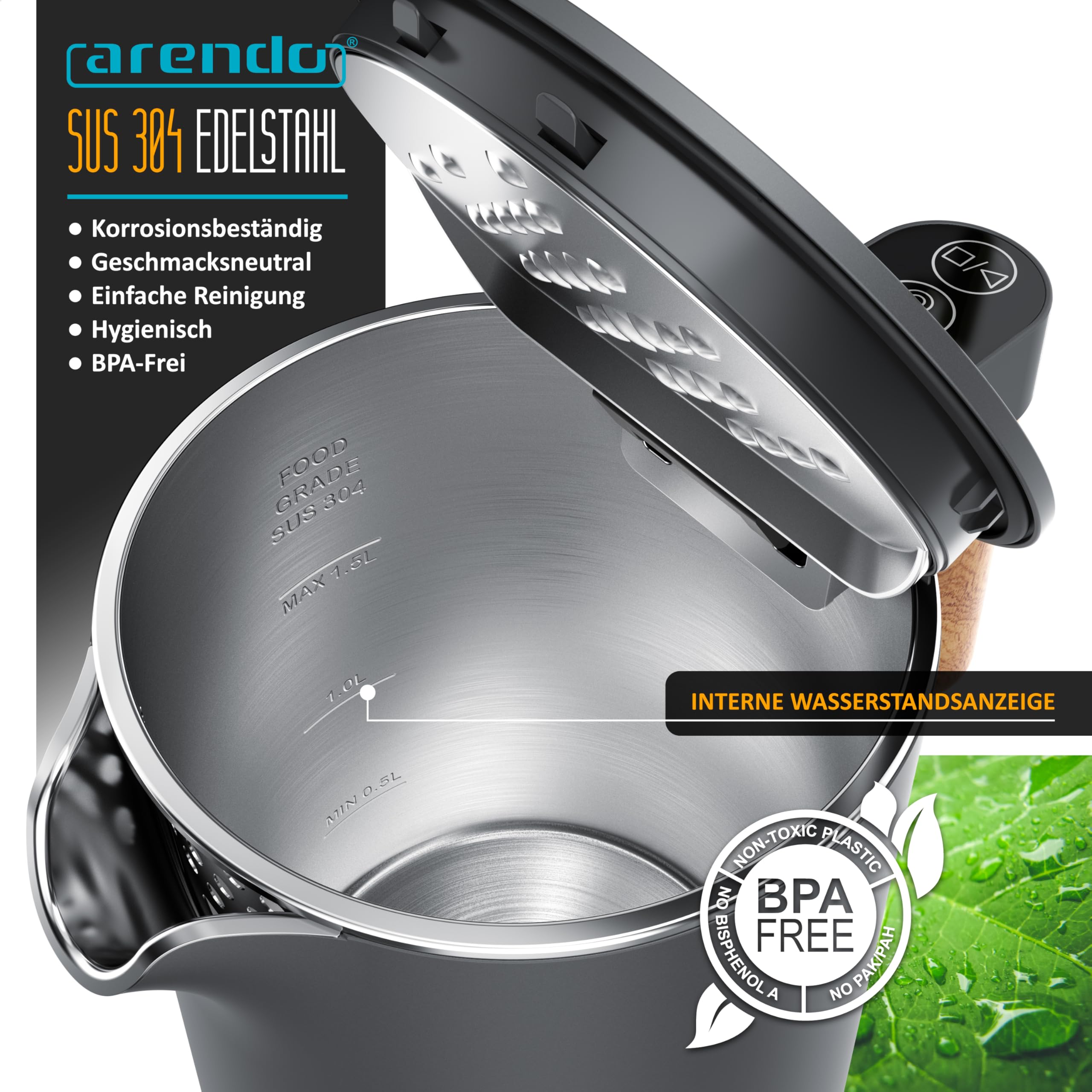 Arendo - Wasserkocher Edelstahl mit Temperatureinstellung - 45°C-100°C - 1.5 Liter - Doppelwand - BPA frei - Warmhaltefunktion - Teekocher mit Temperaturanzeige - Griff Cool Touch - Schwarz Cool Grey