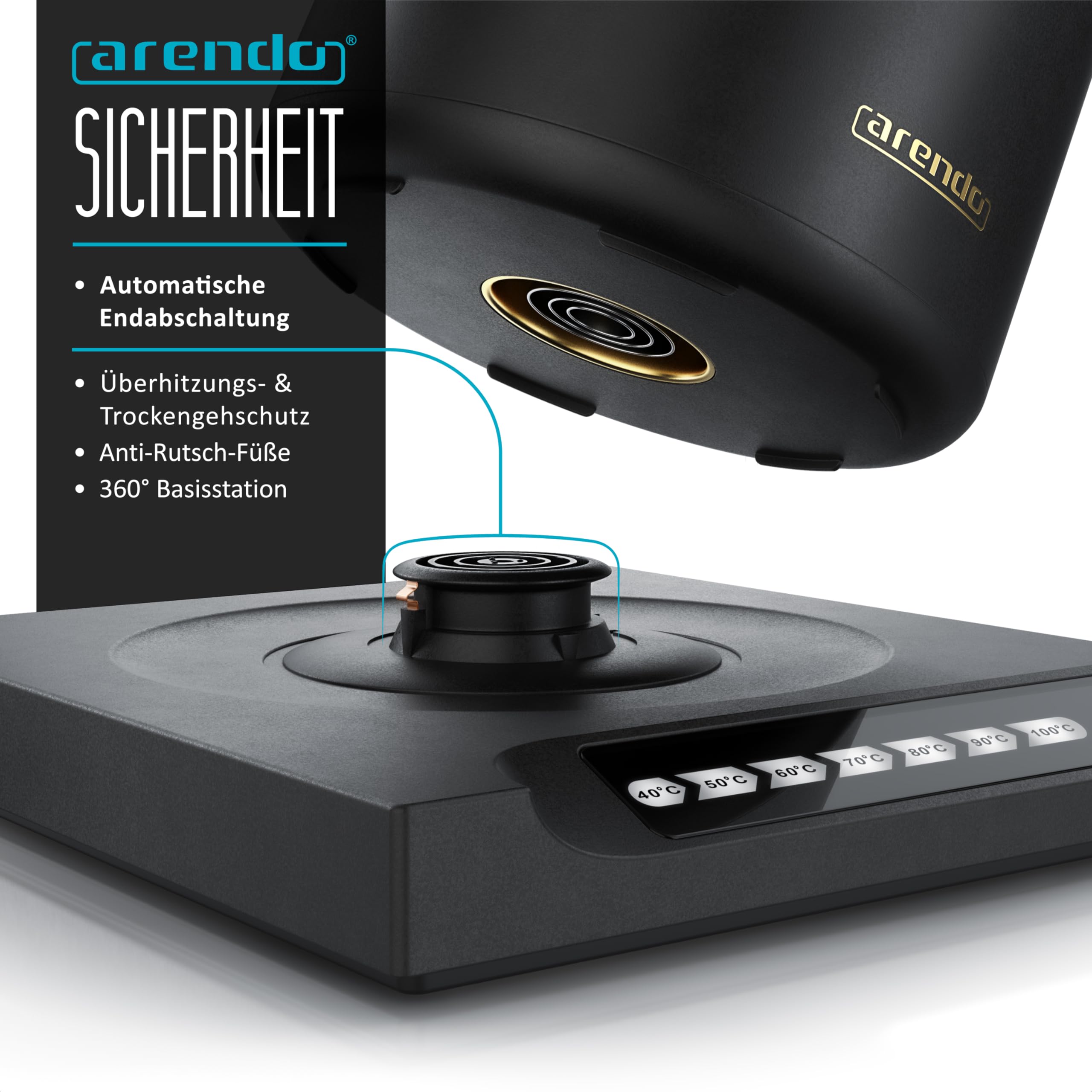 Arendo - Edelstahl Wasserkocher mit Temperatureinstellung - 40° bis 100° - Warmhaltefunktion 30 Minuten – 0,5 Liter – Sensortasten – 360° Basis – Retro Design - Schwarz