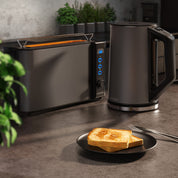 Arendo - Wasserkocher mit Toaster SET Edelstahl Cool Grey, Wasserkocher 1,5L 40°-100°C Warmhaltefunktion Toaster 2 Scheiben LED-Display 6 Bräunungsgrade Brötchaufsatz