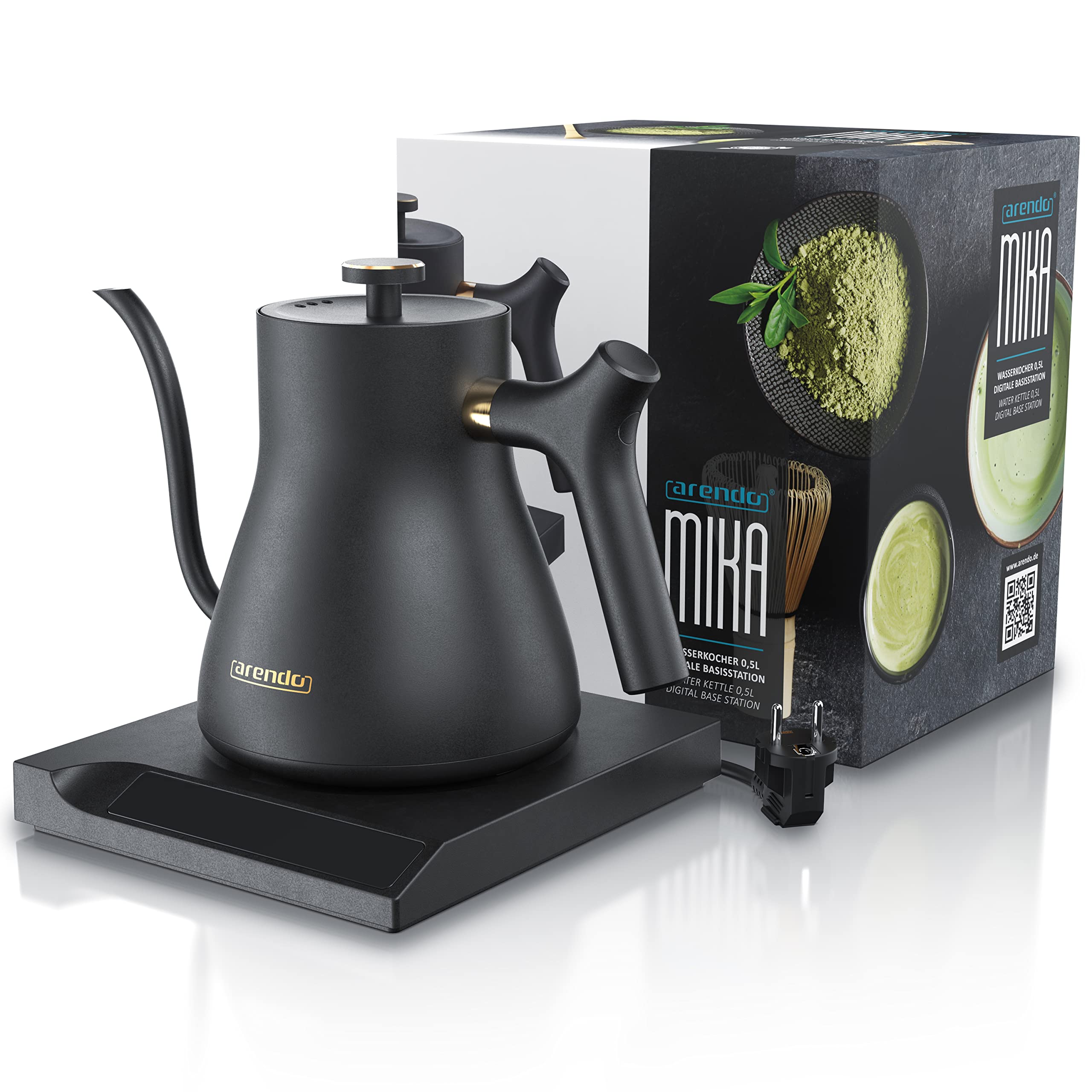 Arendo - Edelstahl Wasserkocher Schwanenhals mit Temperatureinstellung - 40° bis 100° - Warmhaltefunktion 30 Minuten – 0,5 Liter – Sensortasten – 360° Basis - Retro Design - Schwarz