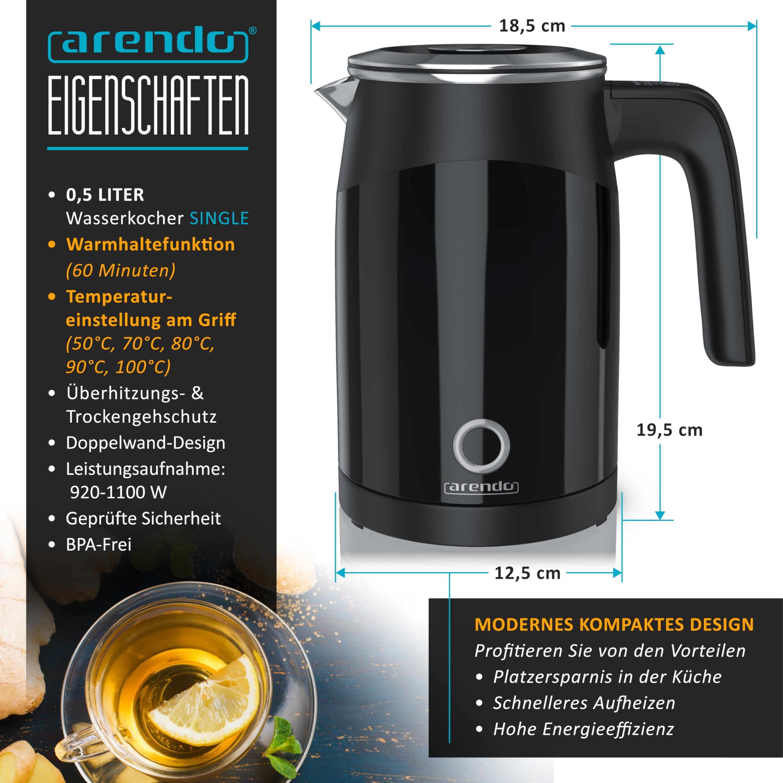 Arendo 0.5l Edelstahl Wasserkocher mit Temperatureinstellung im Doppelwand-Design - 0,5l Wasser-Füllmenge - 5 Temperaturstufen einstellbar - Single Teekocher - Warmhaltefunktion - Energiesparend