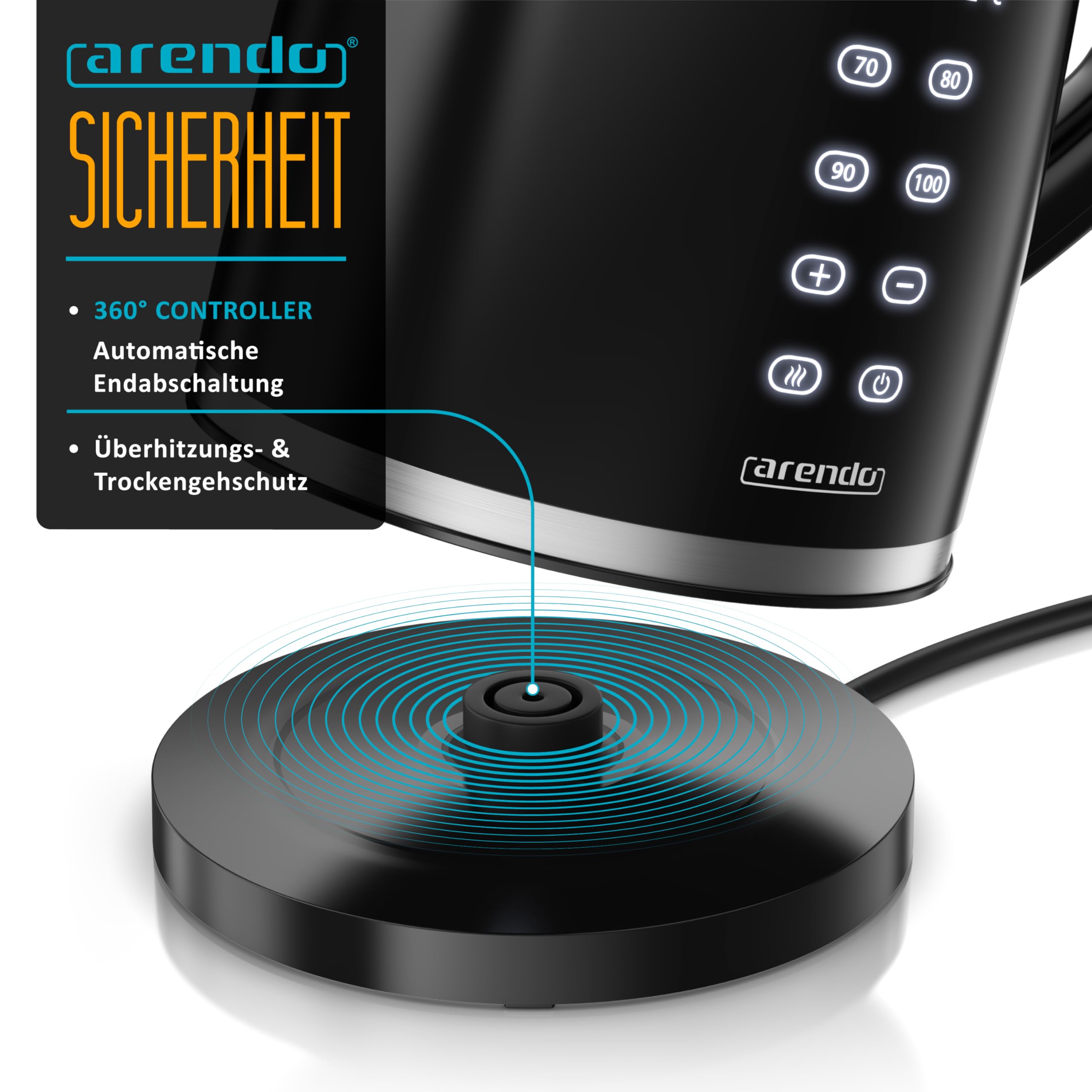 Arendo - digitaler Wasserkocher mit Temperatureinstellung - Edelstahl - Doppelwand Design Cool Touch - Display im Gehäuse - Kabellos - 2200 W - 1,7L – Überhitzungsschutz – Warmhaltefunktion – schwarz