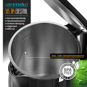 Arendo - digitaler Wasserkocher mit Temperatureinstellung - Edelstahl - Doppelwand Design Cool Touch - Display im Gehäuse - Kabellos - 2200 W - 1,7L – Überhitzungsschutz – Warmhaltefunktion – schwarz