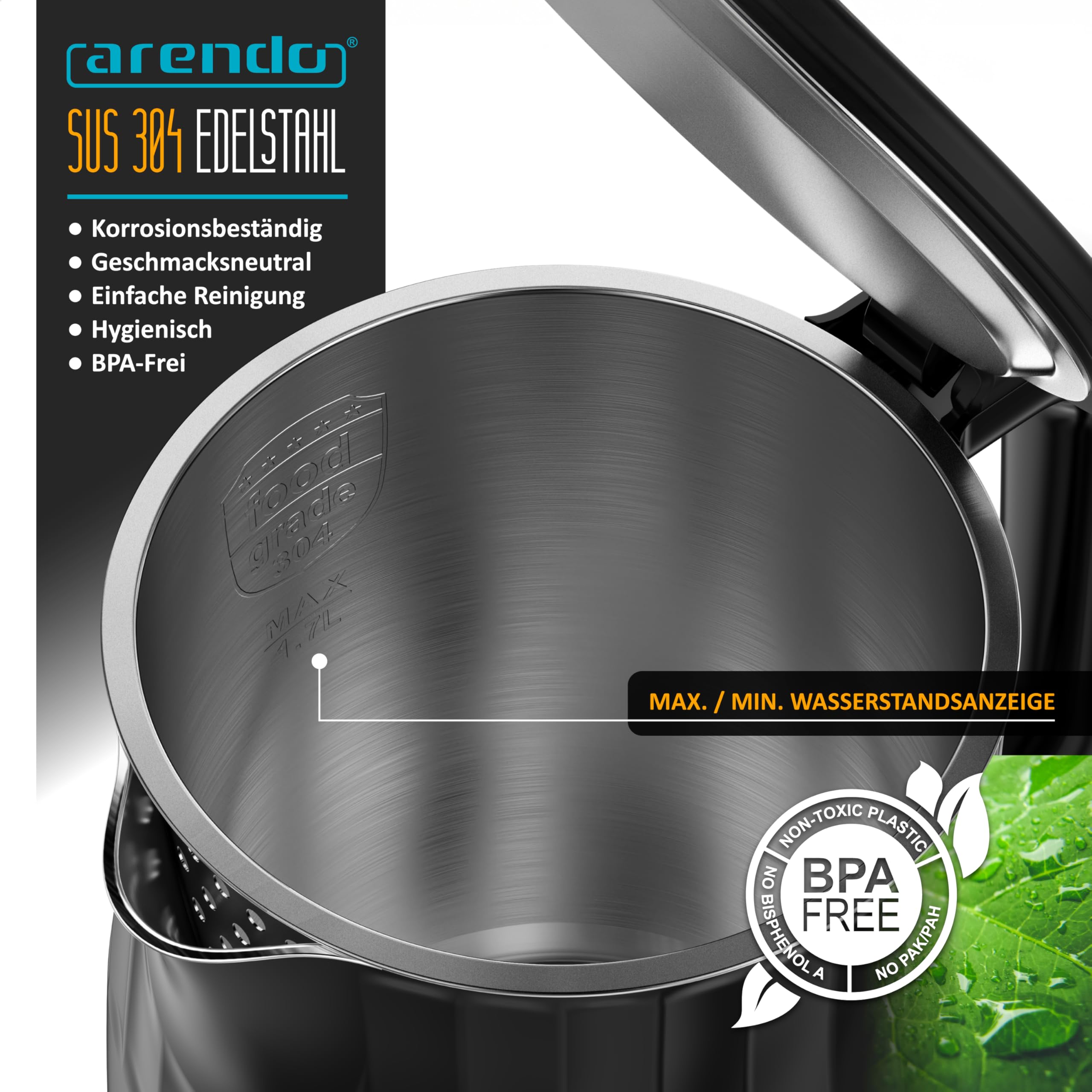 Arendo - digitaler Wasserkocher mit Temperatureinstellung - Edelstahl - Doppelwand Design Cool Touch - Display im Gehäuse - Kabellos - 2200 W - 1,7L – Überhitzungsschutz – Warmhaltefunktion – schwarz