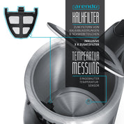 3000 Watt Edelstahl Wasserkocher mit Temperaturstufen - 4 wählbare Temperatureinstellungen - Warmhaltefunktion 30min - 3000W Leistungsaufnahme Schnellkoch Wasserkocher - integrierter Kalkfilter