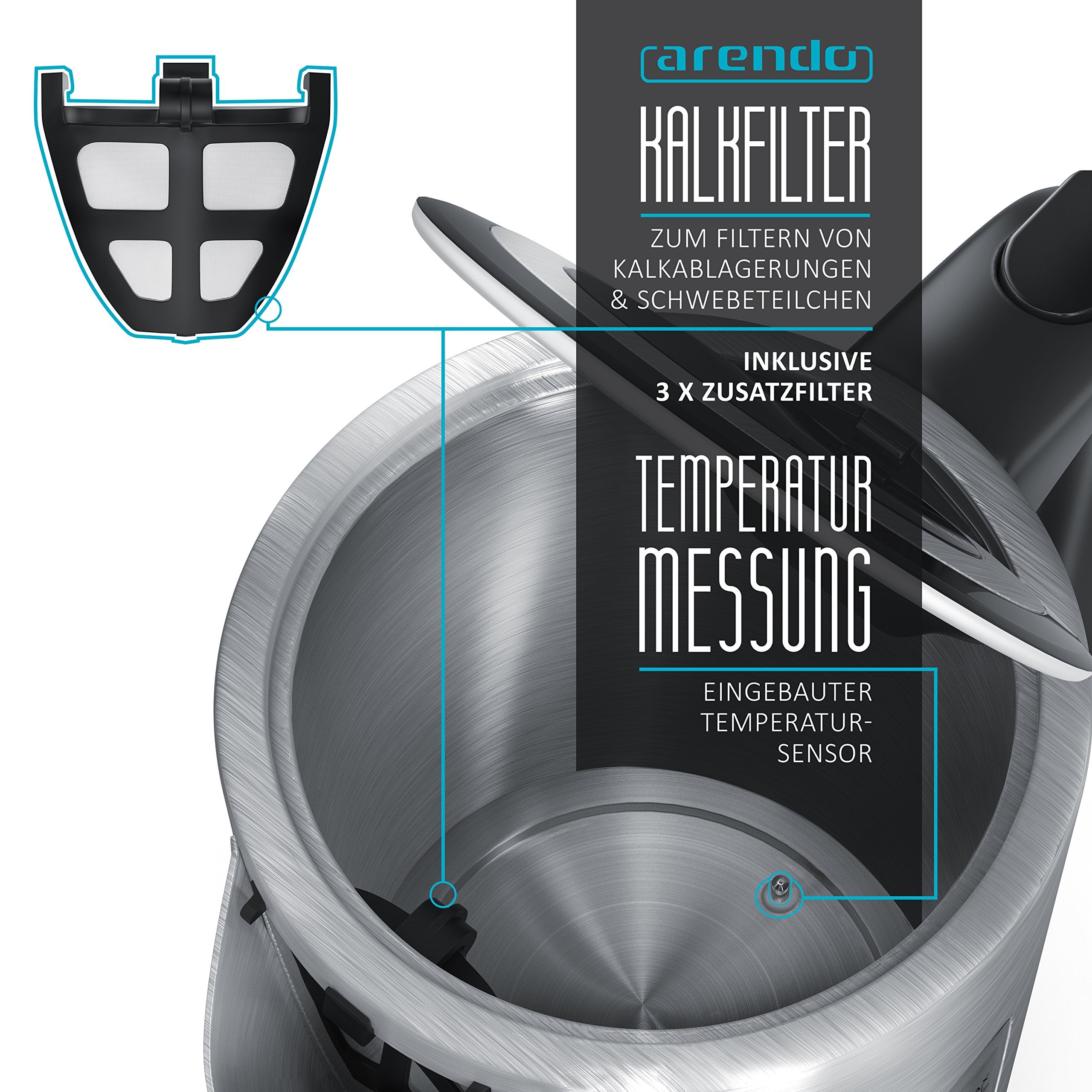 3000 Watt Edelstahl Wasserkocher mit Temperaturstufen - 4 wählbare Temperatureinstellungen - Warmhaltefunktion 30min - 3000W Leistungsaufnahme Schnellkoch Wasserkocher - integrierter Kalkfilter