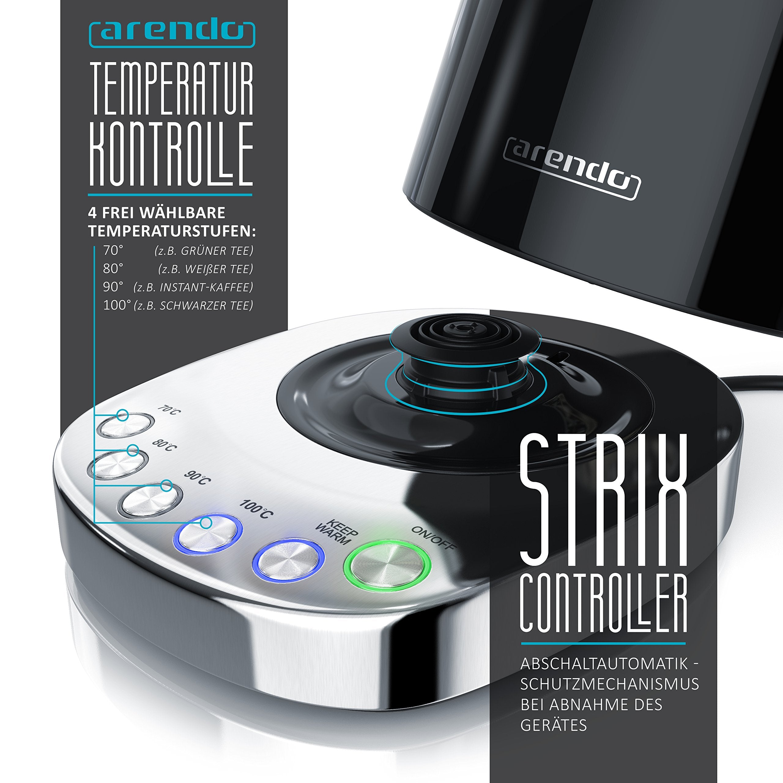 Arendo - Turbo Edelstahl Wasserkocher mit Temperatureinstellung 3000 Watt - Digitale Basisstation - 4 wählbare Temperaturstufen inkl. Warmhaltefunktion - 3000W Schnellkoch Teekocher