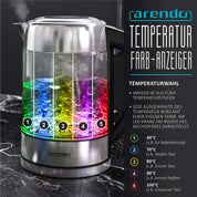 Arendo - Wasserkocher Glas mit Temperatureinstellung – 1,7l - einstellbare Temperaturen 40° - 100 °C – Temperaturanzeige Digital - Warmhaltefunktion – energiesparend – BPA-frei - RGB Beleuchtung