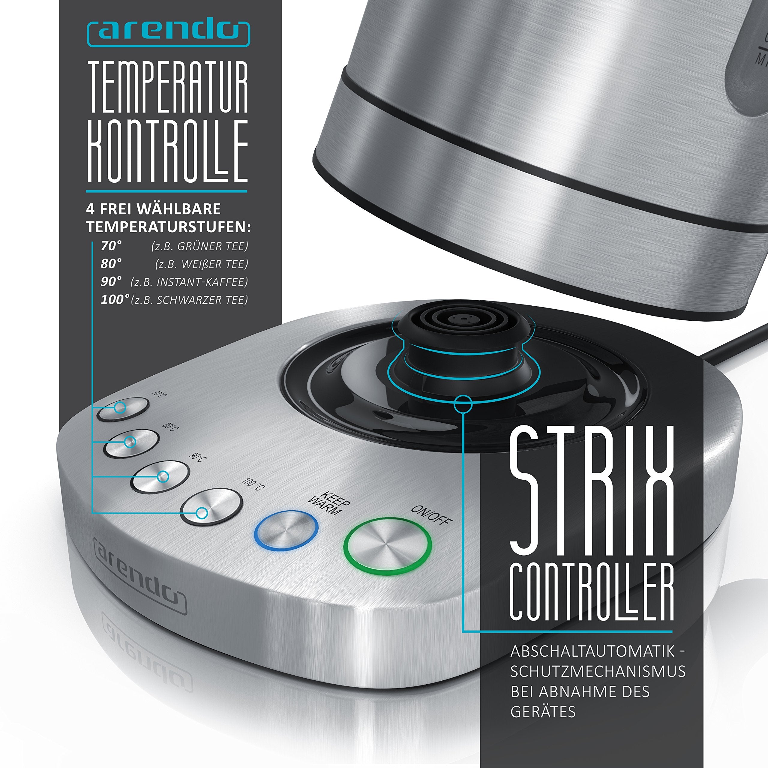 3000 Watt Edelstahl Wasserkocher mit Temperaturstufen - 4 wählbare Temperatureinstellungen - Warmhaltefunktion 30min - 3000W Leistungsaufnahme Schnellkoch Wasserkocher - integrierter Kalkfilter