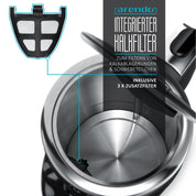 Arendo - Turbo Edelstahl Wasserkocher mit Temperatureinstellung 3000 Watt - Digitale Basisstation - 4 wählbare Temperaturstufen inkl. Warmhaltefunktion - 3000W Schnellkoch Teekocher