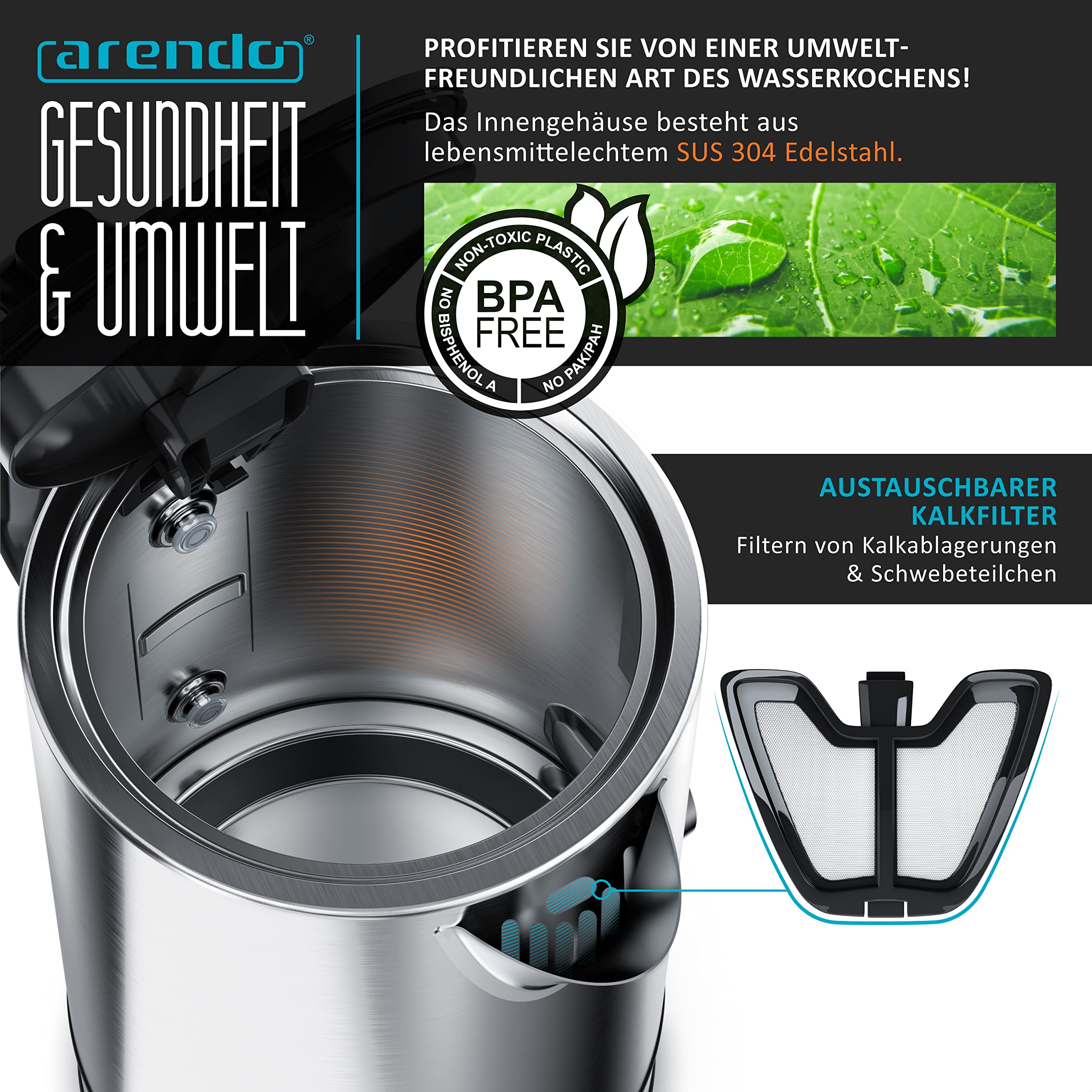 Arendo - Wasserkocher mit Temperatureinstellung - Edelstahl - Temperaturauswahl 40-100 Grad - LED Display - 1,7 Liter - 2200 W - Teekocher mit Temperaturanzeige - GS
